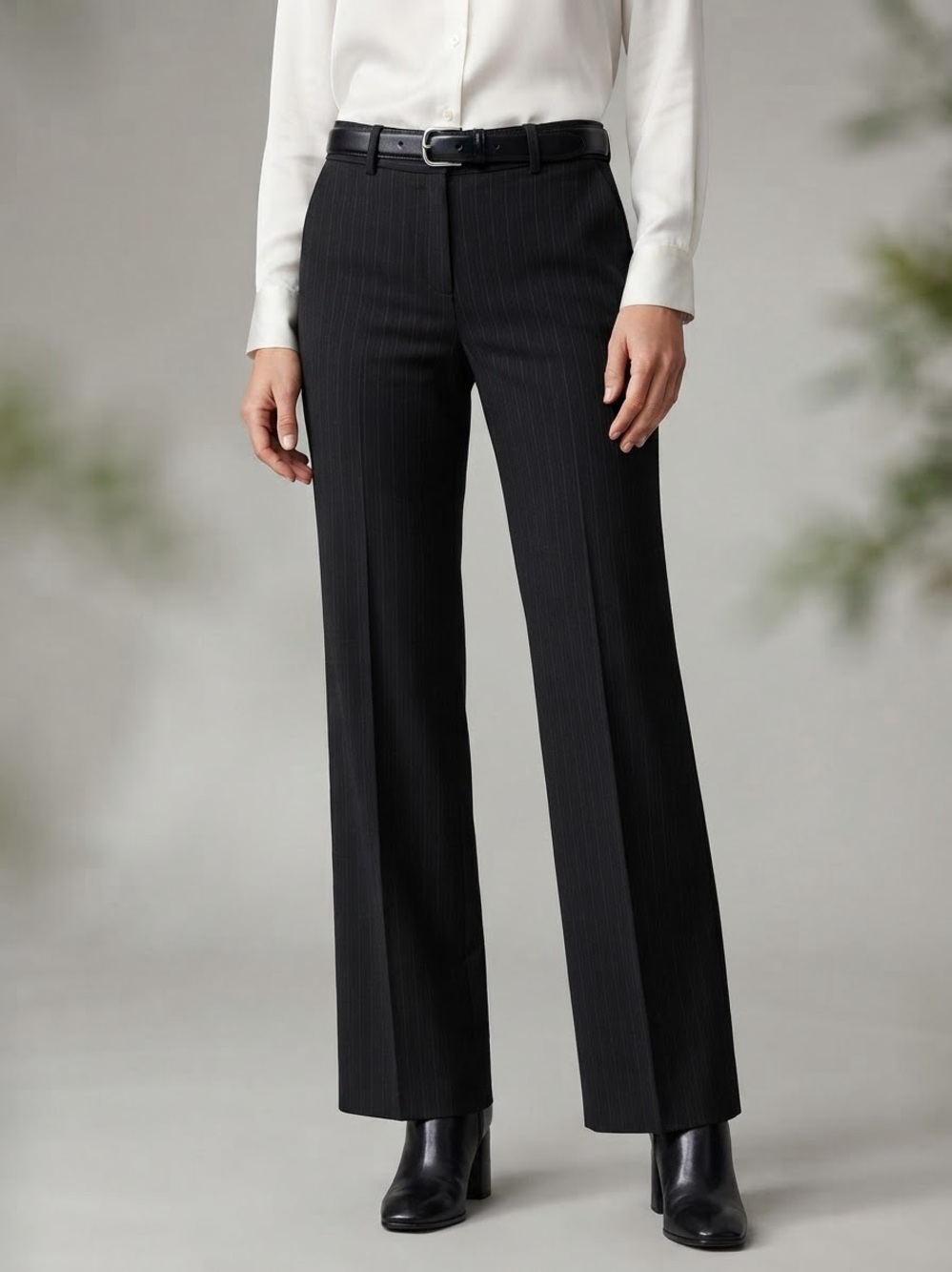 Theory Black Pinstripe Wide-Leg Tailored Wool Blend Trousers